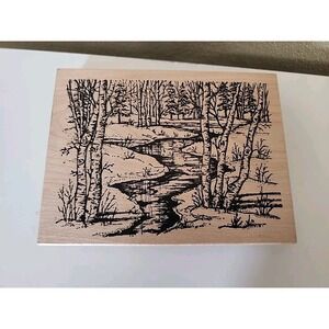 Trees Stream Stamp Northwoods River Nature Scene Woods Rubber Wooden Large 6"